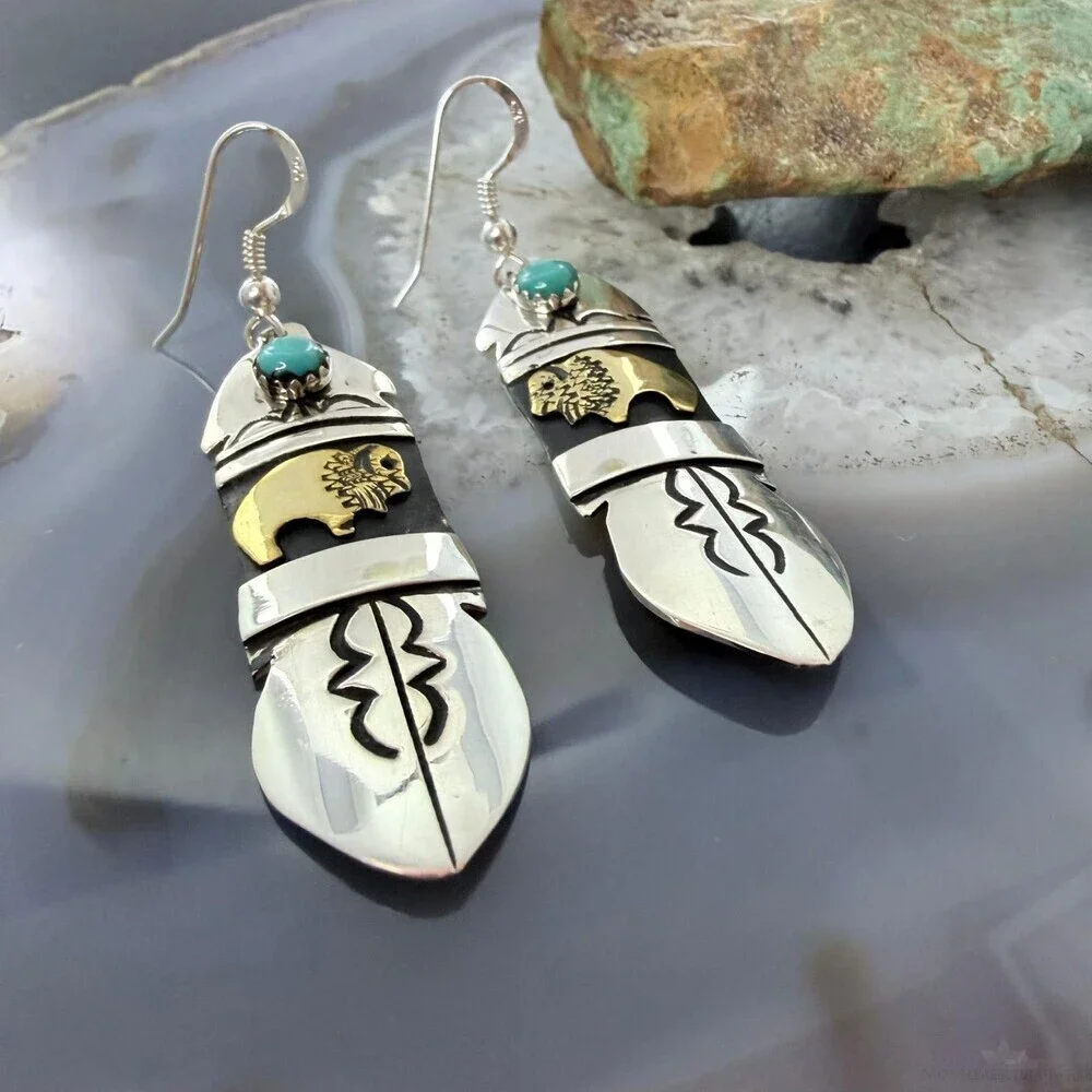 Tommy & Rosita Singer Sterling Silver & GF Bison w/Turquoise Dot Dangle Earrings